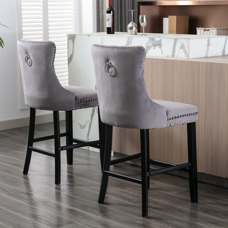 Upholstered Counter Stool with Solid Wood Frame, Noir/gris