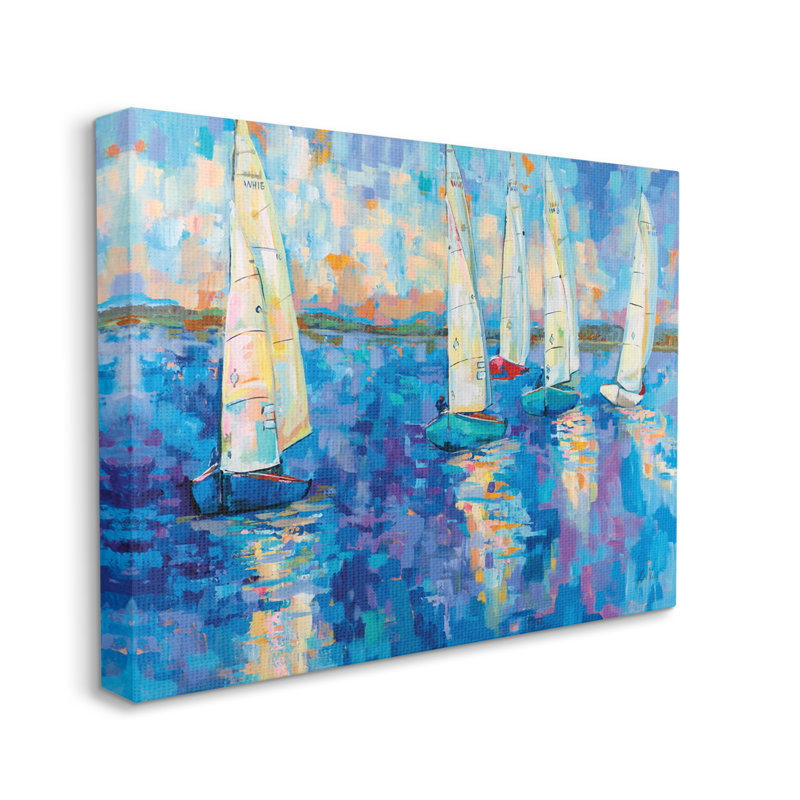 "Voilier expressif", art nautique abstrait sur bois par Jeanette Vertentes, Toile tendue, H 24 po x l 30 po x P 1,5 po