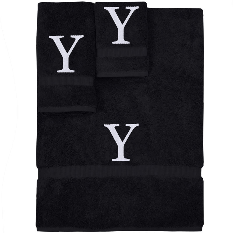 Ensemble de serviettes monogrammées - ensemble de 3 - lettre-bloc, Noir / blanc, Y