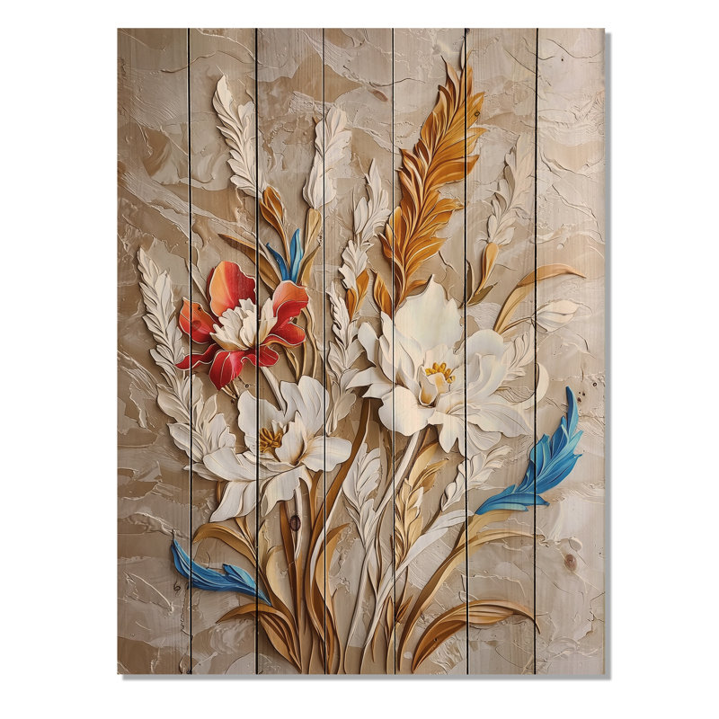 Abstrait bouquet de fleurs sauvages botaniques - Botanicals, impression sur bois blanc sur bois de pin naturel