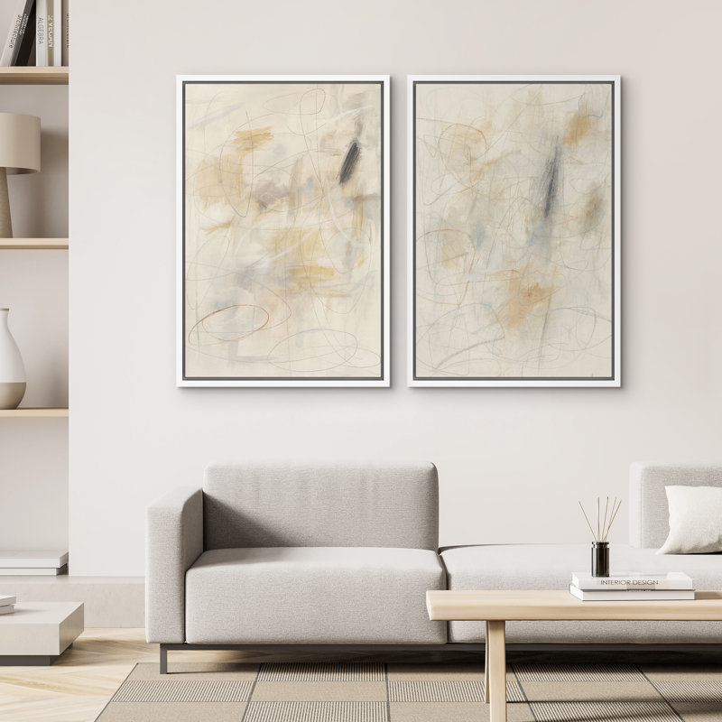 Art mural abstrait, ensemble de 2 reproductions d'art encadrées sur toile, H 24 po x l 32 po, Blanc