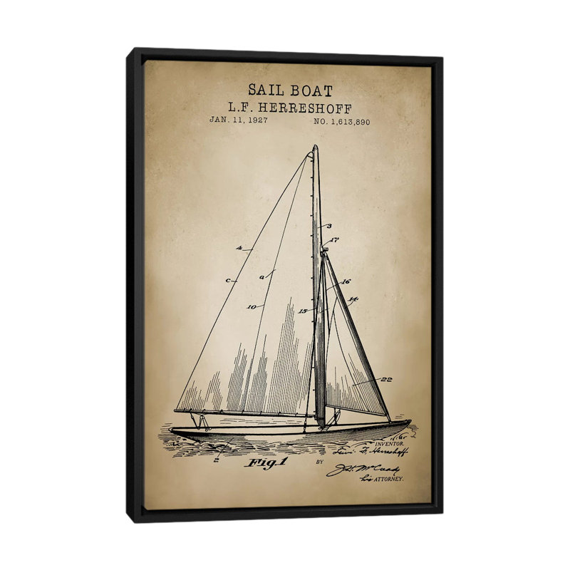 «Nautical, Sailboat», impression sur toile, H 26 po x l 18 po x P 1,5 po, Toile avec cadre noir, Pas de tapis
