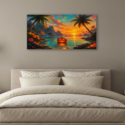Canvas Wall Art Tropical Sunset Scene o Lantern Floating Calm Water Palm Trees Wall Decor for Living Room Bathroom Bedroom Office 20"H x 40"W Art Paintings, Ready to Hang