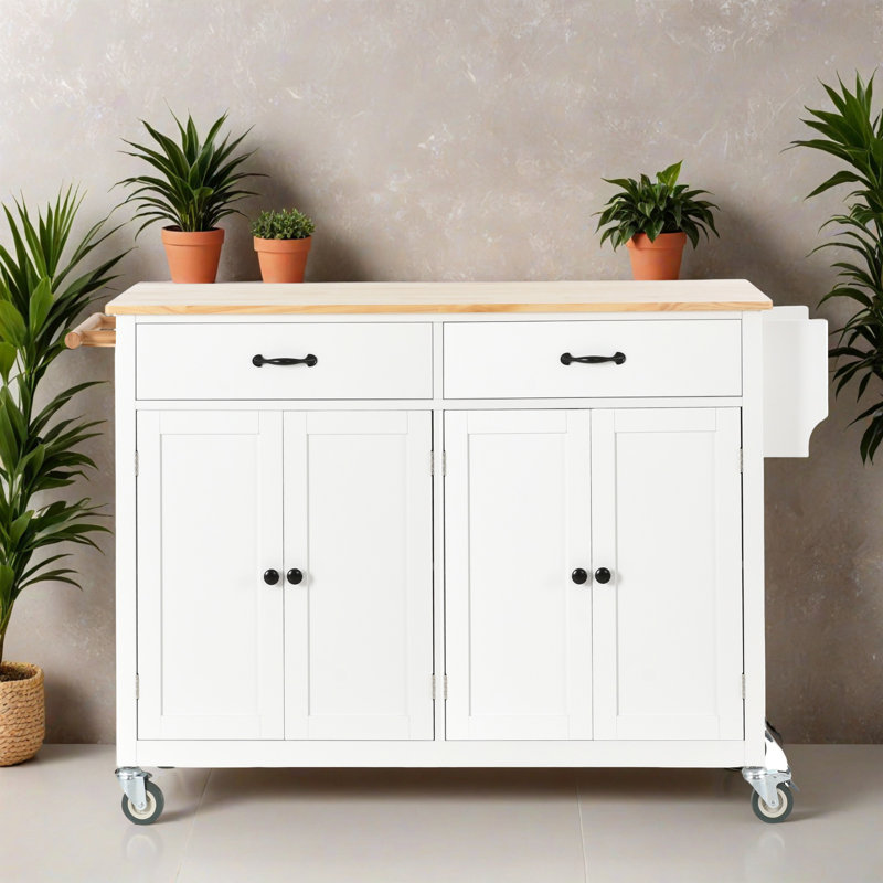 54.34" Rolling Mobile Kitchen Island with Solid Wood Top and Locking Wheels, Storage Cabinet and Drop Leaf Top, Spice Rack, Towel Rack for Kitchen