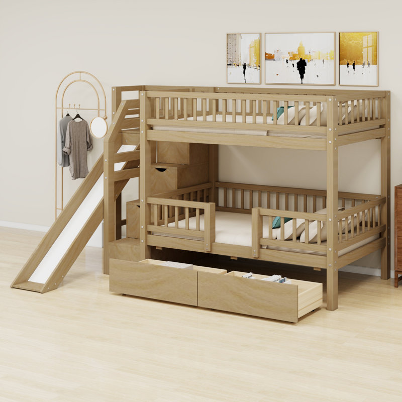 Lit superposé pour enfants avec escalier de rangement, glissade et deux tiroirs, Noyer