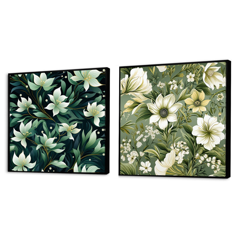Langelier - Ensemble de 2 collages carrés floraux, Cadre flottant noir, H 16 po x l 33 po