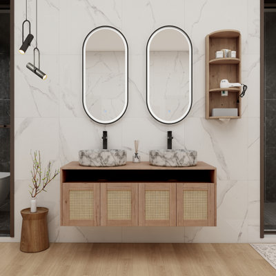 Meuble-lavabo mural 48 po avec double vasque en céramique et support de rangement Ansley