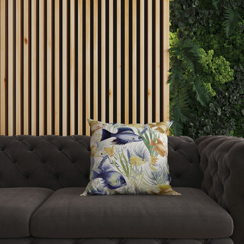 Oreiller réversible intérieur / extérieur Fish Paradise, Bleu/doré, H 16 po x l 16 po