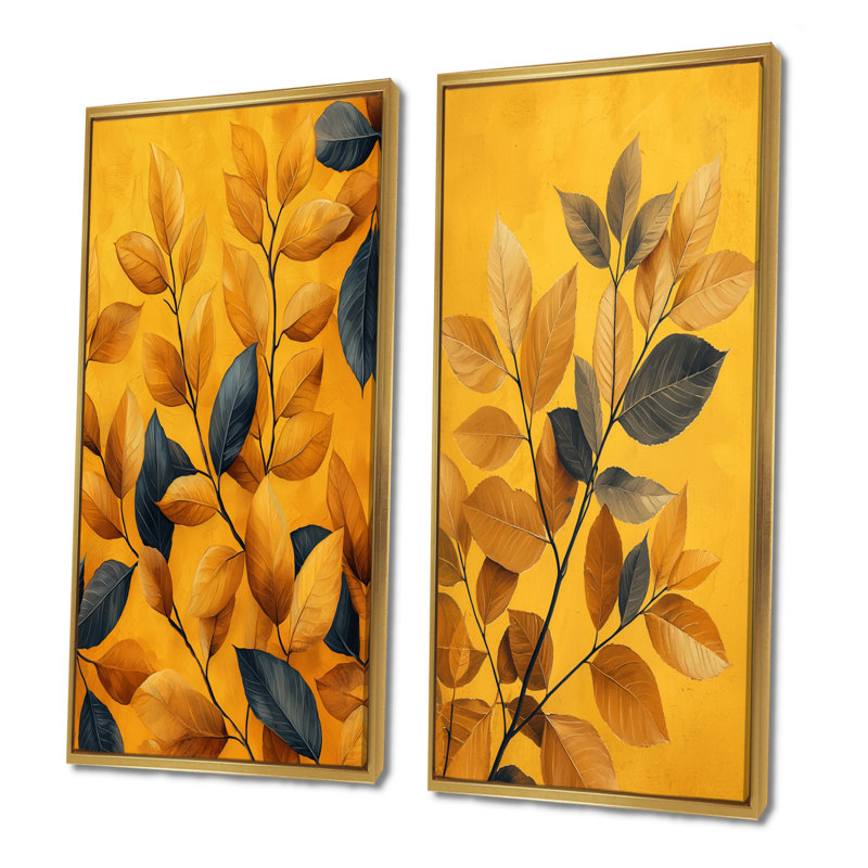 Moutarde feuilles d'automne étreinte I - art mural floral 2 panneaux, H 32 po x l 33 po, Cadre flottant doré