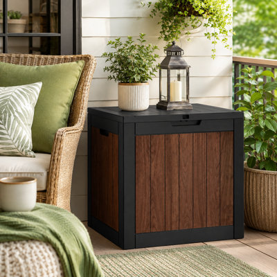 Boîte de rangement en résine résistante aux intempéries avec grain de bois imprimé et gaufré - Rangement extérieur verrouillable pour les fournitures de patio, de jardin et de piscine