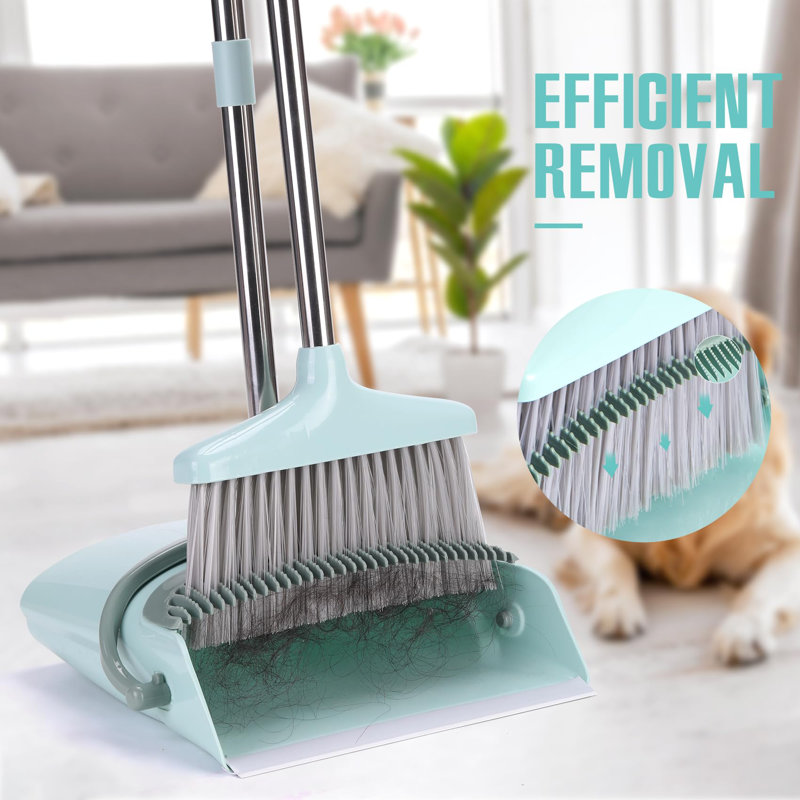 Bluish Green Stainless Steel Broom and Dustpan Set with Adjustable Handle