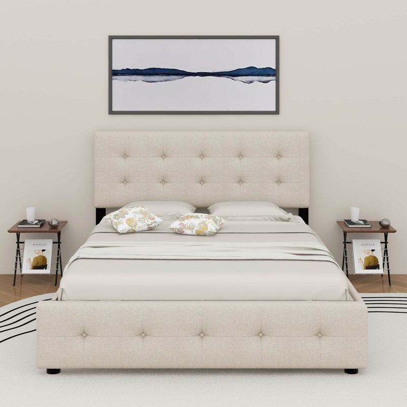 Grand lit plateforme tapissier avec 2 tiroirs et un lit gigogne, Beige foncé