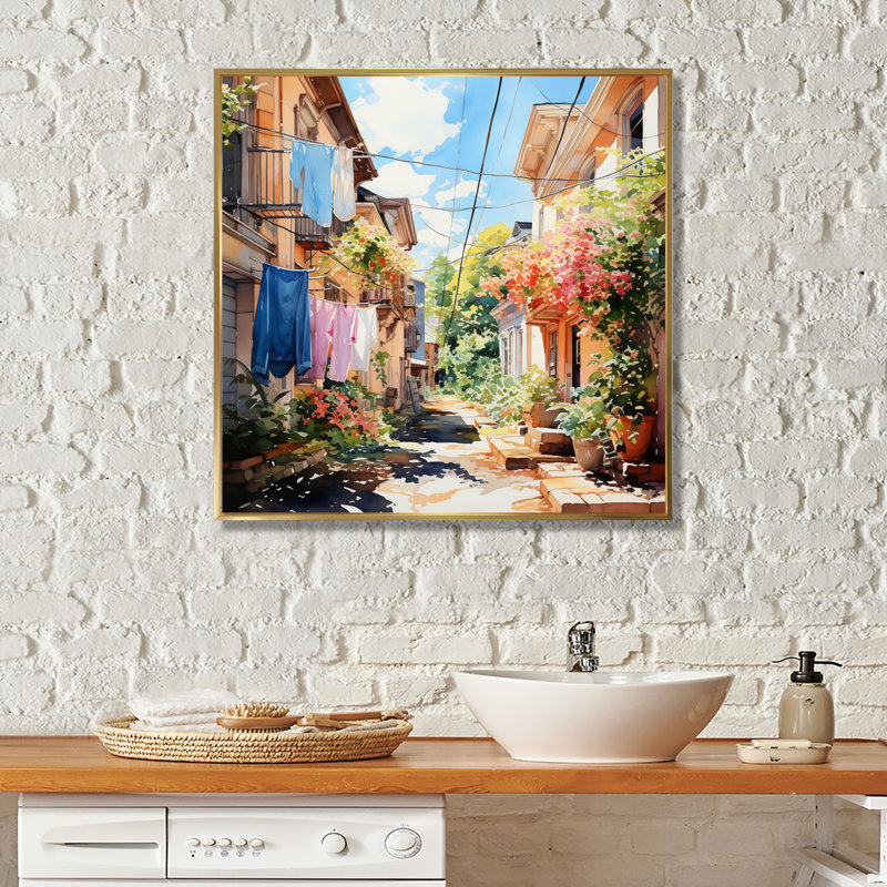 «Italian Village», reproduction de scène rustique sur toile - Jour de lessive en Italie II, H 24 po x l 24 po x P 1 po