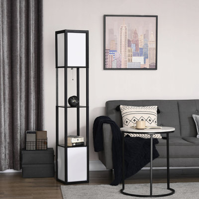 Modern Floor Lamp With Shelves & Dual Ambient Lighting, Tall Standing Lamp For Living Room, Bedroom With Fabric Lampshade (Bulb Not Included), Black