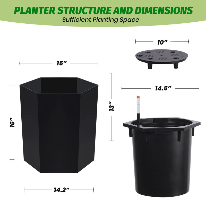 Self-Watering Tall Planters Set of 2 – 16 Inch Large Flower Pots with Water Level Monitor, Drainage Hole, Wheels – Indoor Outdoor Garden Patio Balcony Use – Black