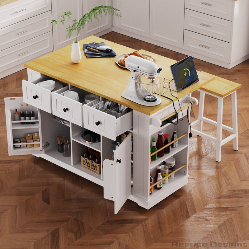 Grand îlot de cuisine de 53 pouces avec 2 tabourets de bar, rallonge et prise de courant, Blanc