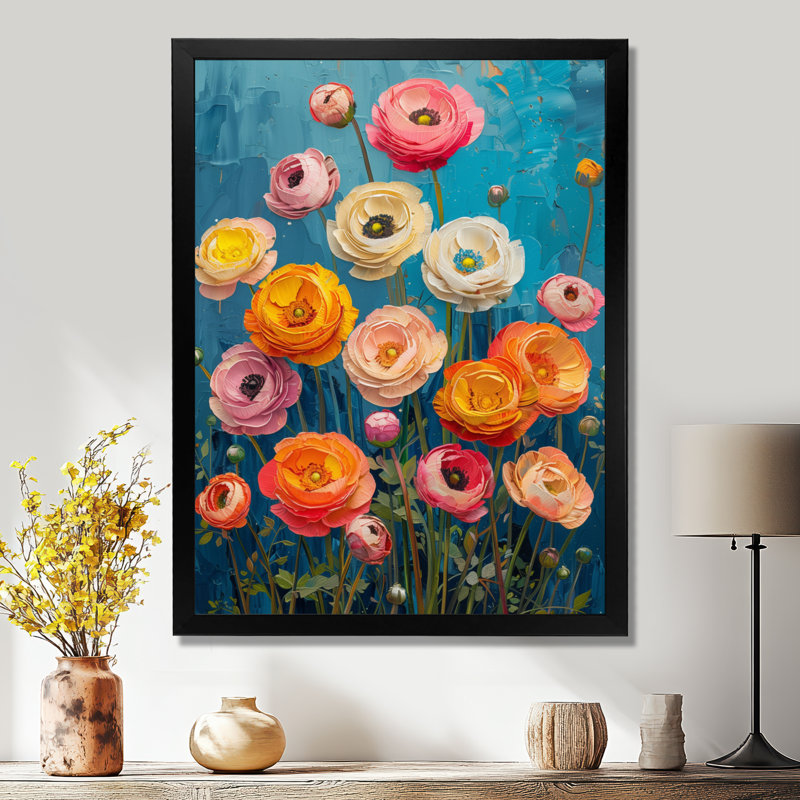 Rose, orange, vibrations vibrantes - Renoncule - Art mural, H 20 po x l 12 po x P 1 po, Cadre simple noir