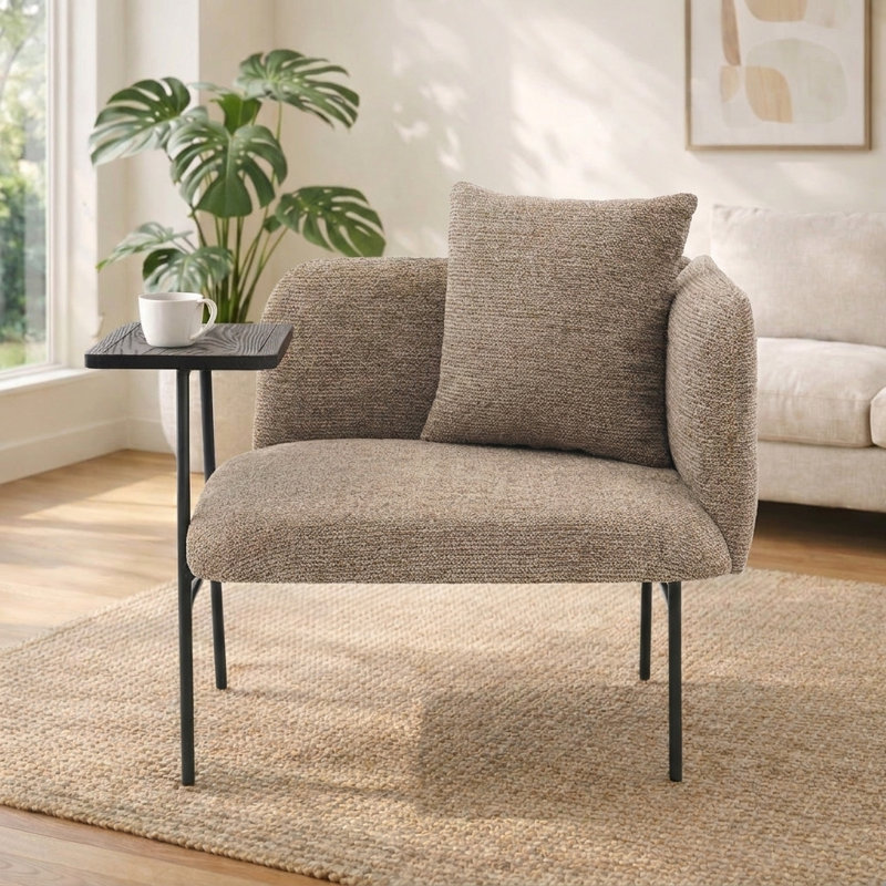 Chaise d'appoint rembourrée Minimalist avec table d'appoint intégrée et pieds en métal, Kaki