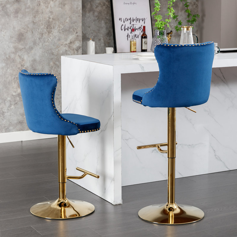 Tabourets de bar pivotants en velours, 2, Doré, Bleu