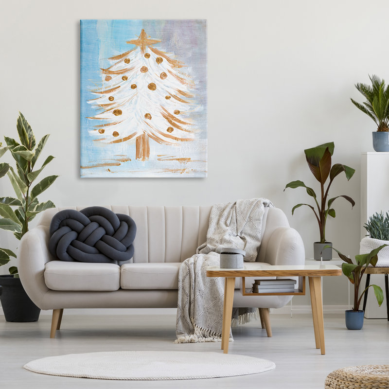 Arbre de Noël festif, art contemporain sur neige forêt tropicale par Robin Maria, Toile tendue, H 48 po x l 36 po