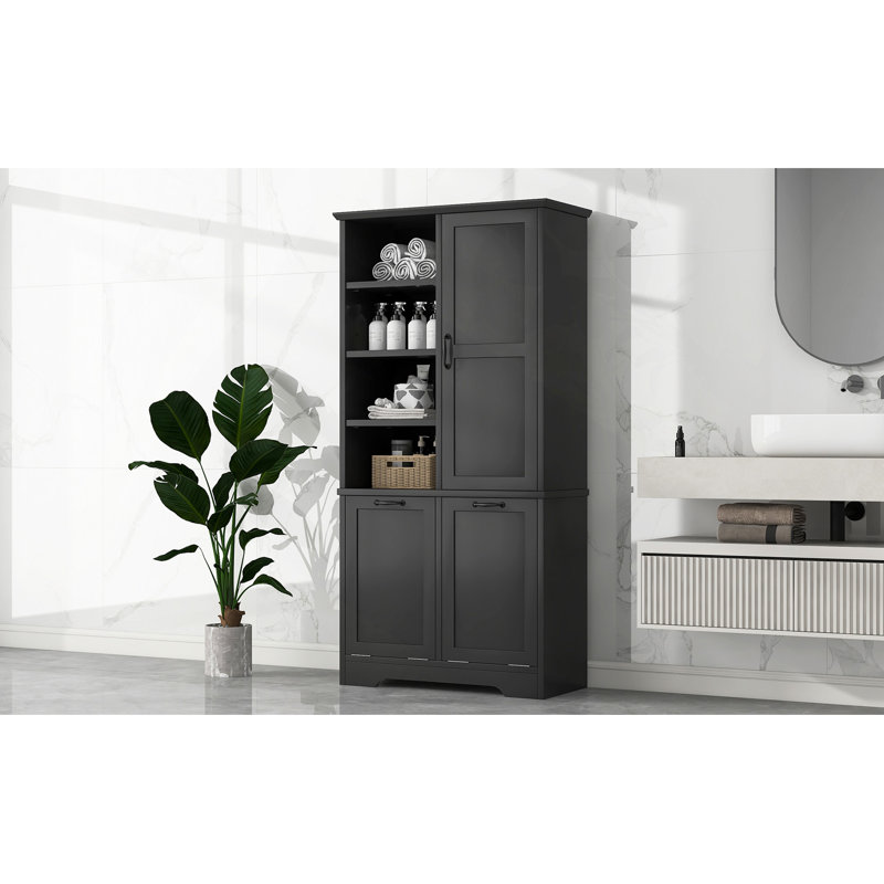 Armoire de rangement pour salle de bain avec portes et tiroirs, panier à linge inclinable, plusieurs espaces de rangement, style autoportant, tablette ouverte, tablette réglable