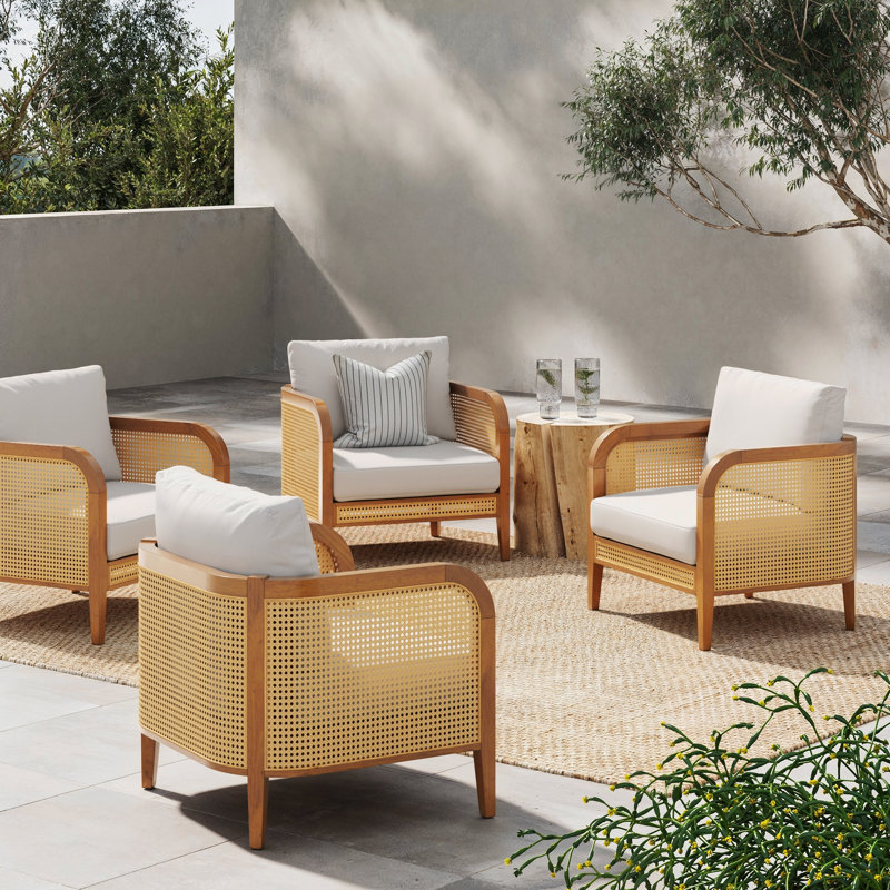 Bohemian Cushioned Patio Chair, Outdoor Lounge Chair With Solid Wood Frame (Set Of 4), White Cushion/Acacia Frame