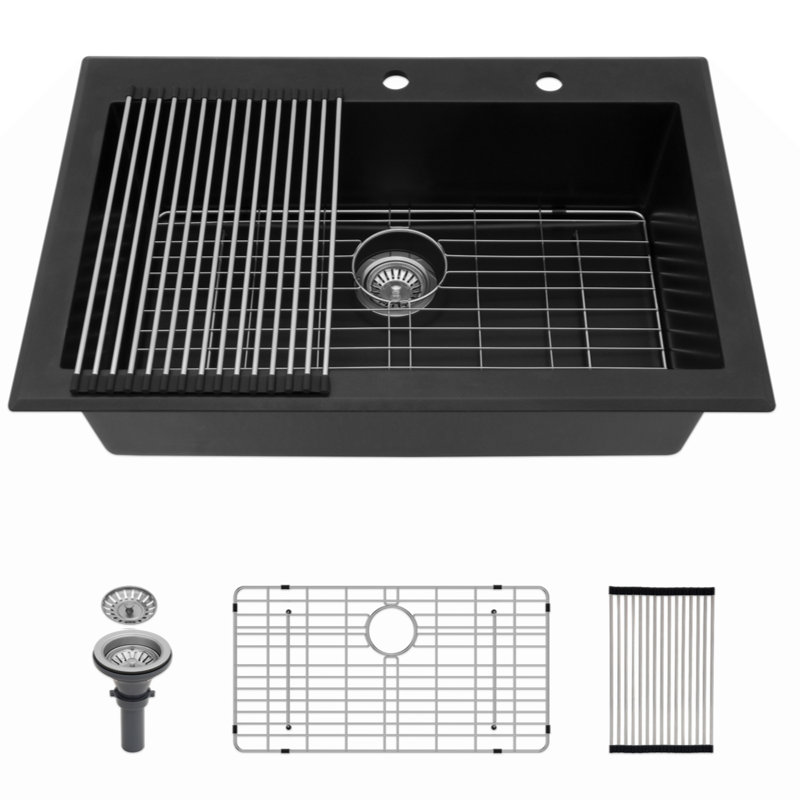 Évier de cuisine en quartz - Évier de cuisine encastré en granite noir 33 x 22 po