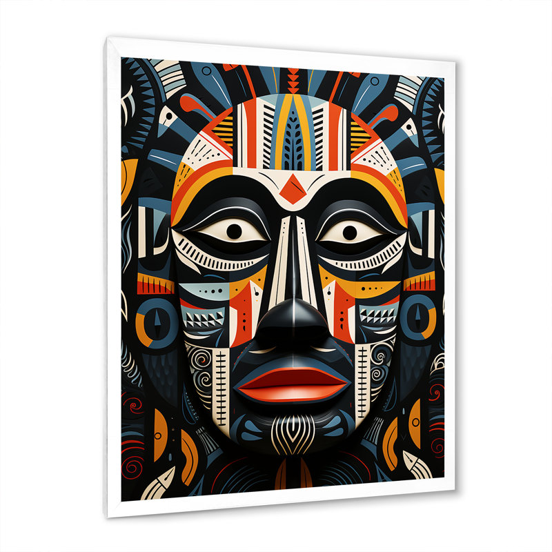 Tribal masque africain IV - art mural tribal africain, Cadre simple blanc, H 32 po x l 16 po x P 1 po