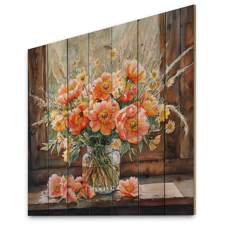 Bouquet de pivoines sauvages à la ferme II - Décoration murale en bois de pivoines - sur bois de pin naturel