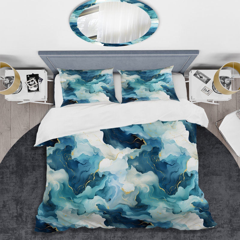 Ensemble de housse de couette en marbre Zen II bleu et blanc Zen, Housse de couette simple + 1 taie décorative stan
