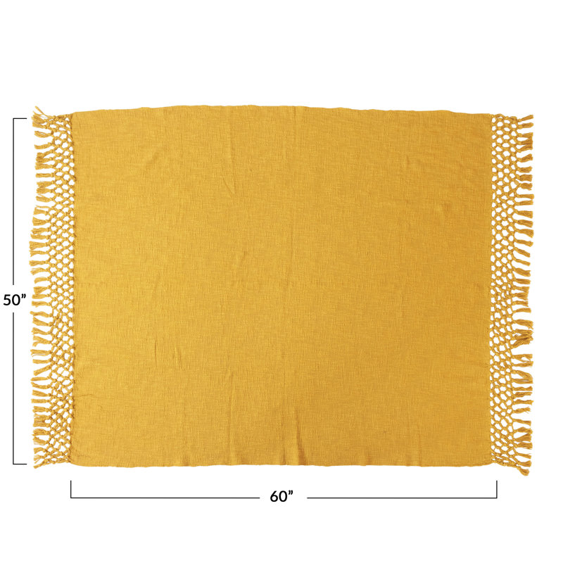 Yellow Crocheted Cotton Throw Blanket with Fringe