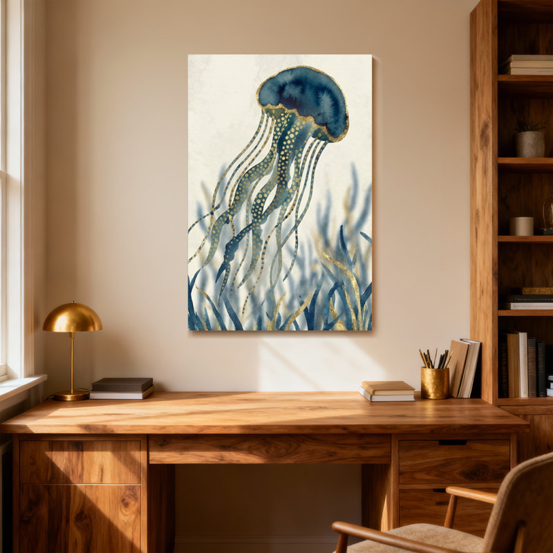Animaux méduse aux accents dorés sur fond bleu, H 20 po x l 30 po