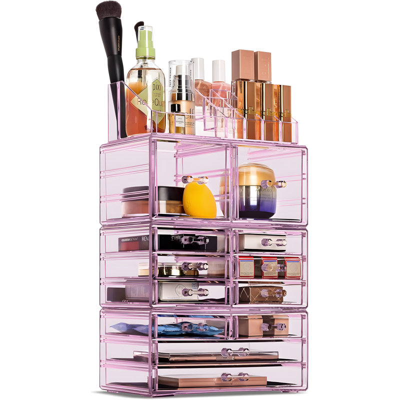 Organisateur de maquillage empilable avec 12 tiroirs - Rangement pour cosmétiques et bijoux pour coiffeuse, salle de bain, commode - Comprend un porte-rouge à lèvres et un porte-pinceau