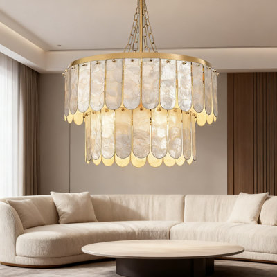 Lustre en nacre naturelle Capiz avec finition dorée à intensité variable - luminaire suspendu de style bord de mer pour la salle à manger, la chambre à coucher, la cuisine et le vestibule