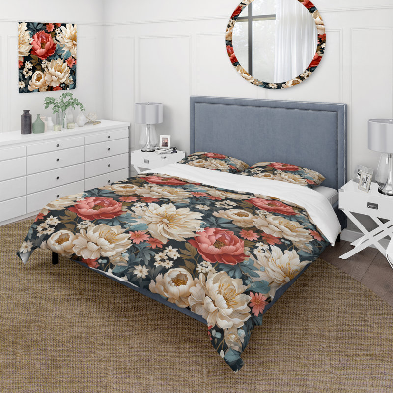 Motif rustique floral blanc et rose - Ensemble de housse de couette floral - Polyester microfibre
