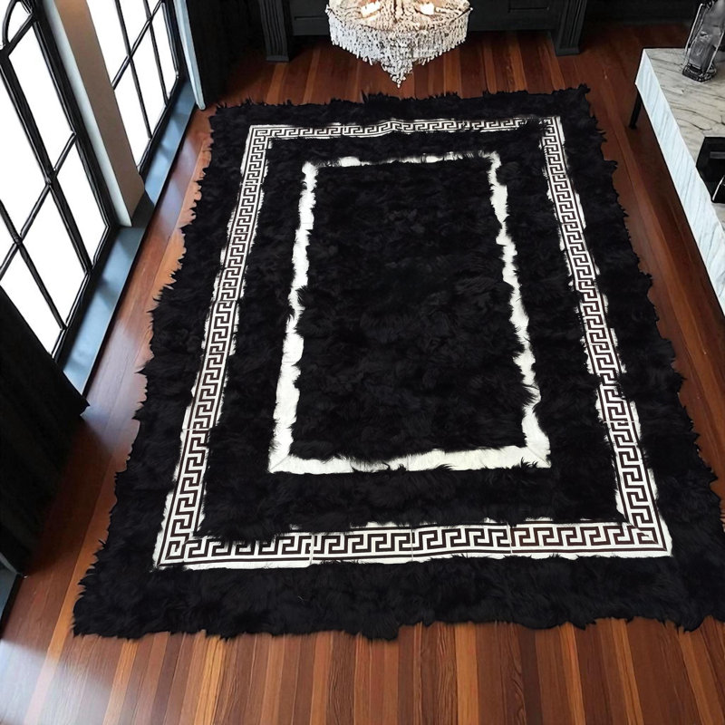 Tapis de couloir patchwork fait à la main noir et blanc en cuir toscan, Rectangle 3 pi x 3 pi 4 po
