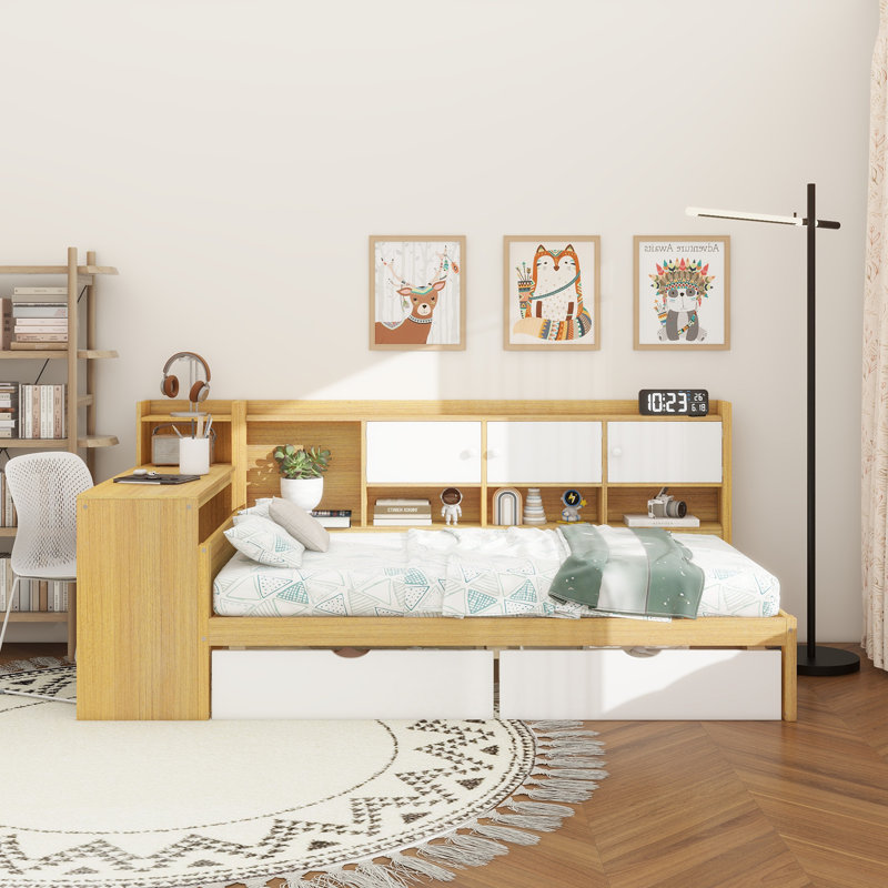 Wooden L-Shape Daybed With Seven Storage Cabinets And Two Storage Drawers, Multi-Functional Bed With Study Desk And Built-In Bookshelf