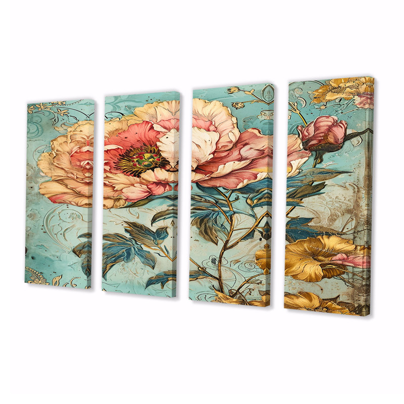 Elkton - pivoine, art mural sur toile, 4 pièces, H 28 po x l 48 po