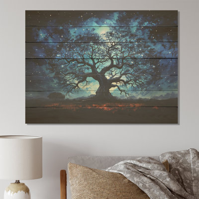 Blue Africa Serengeti Tree I - Tree African On Wood Print