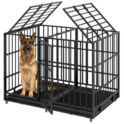 Yokwok 54 Inch Heavy Duty Dog Crate, Indestructible Steel Chew & Escape Proof Dog Cage For Large High Anxiety Dogs, Xxl Metal Dog Kennel With Locking Wheels, Removable Tray, Indoor Use