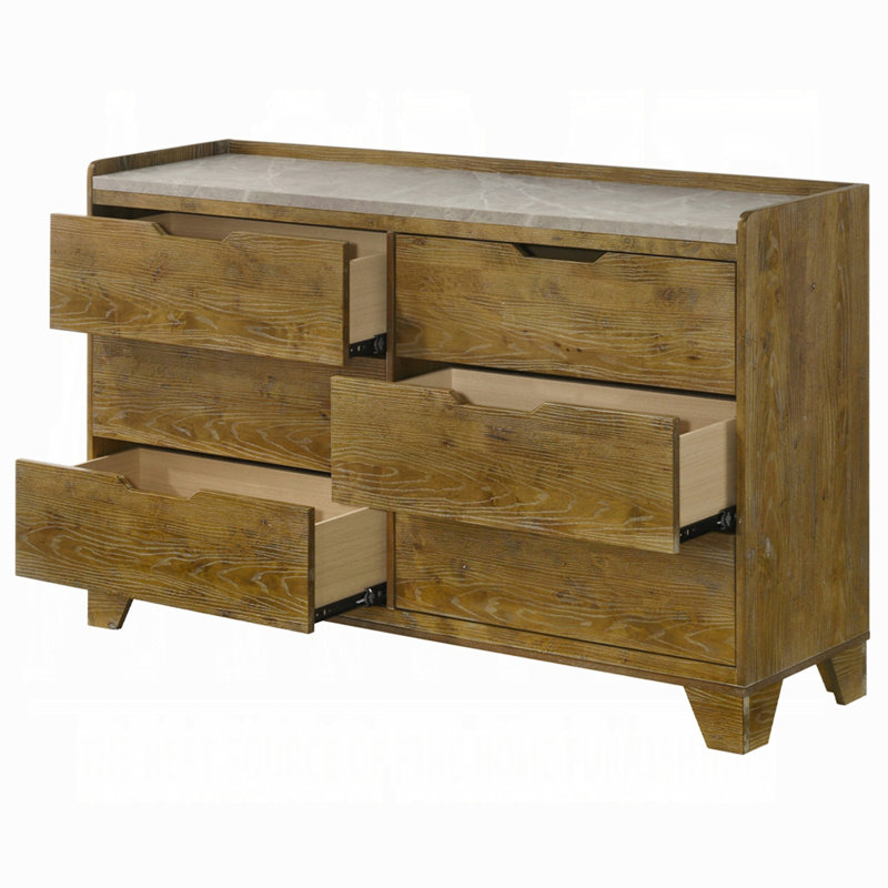 Commode transitionnelle à finition brune avec 6 tiroirs de rangement et meubles de chambre à coucher 1 pièce en bois d'hévéa massif
