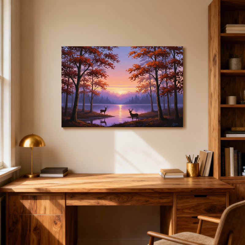 Paysage et nature, arbres d'automne, lac, chevreuil, coucher de soleil, ciel, reflets, nature, H 20 po x l 30 po
