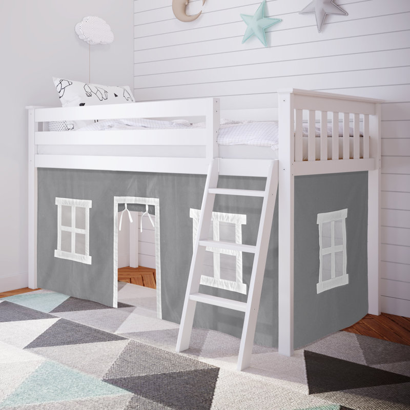 Lit mezzanine simple en bois massif avec rideau Ethridge Kids, Blanc, Gris