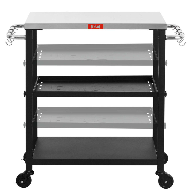 3-Tier Adjustable Grill Cart with Stainless Steel Tabletop – Outdoor Mobile Kitchen Stand with Wheels, Rolling BBQ Table for Patio, Backyard
