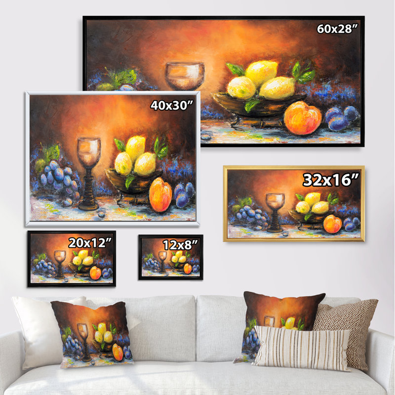 Nature morte, vin et fruit - Peinture sur toile, Cadre brun, H 16 po x l 32 po x P 1 po