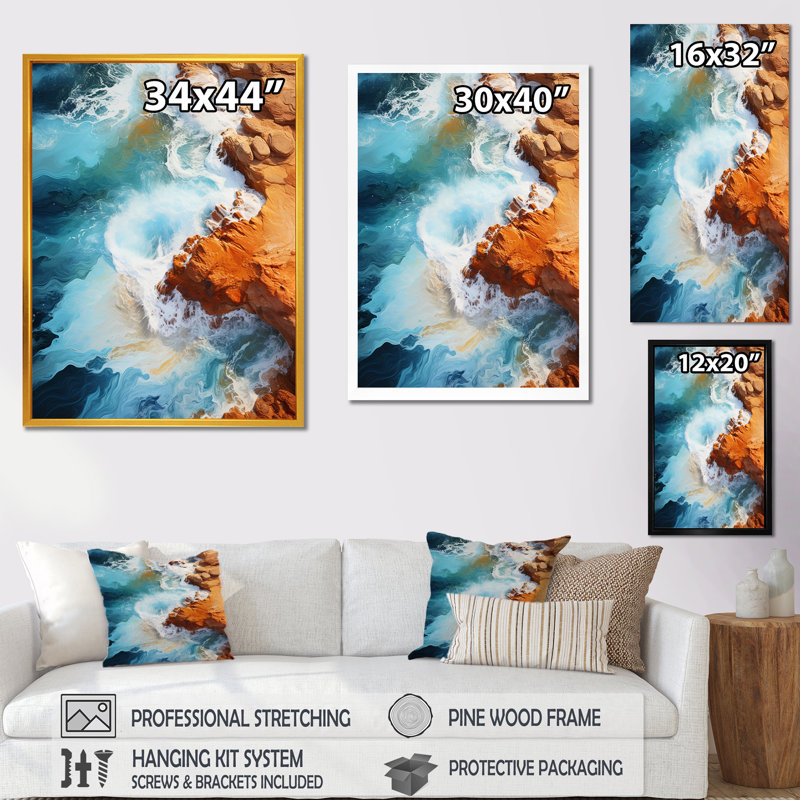 Blue Rocky Beach, vue aérienne I - plage, art mural, Cadre flottant doré, H 20 po x l 12 po x P 1 po