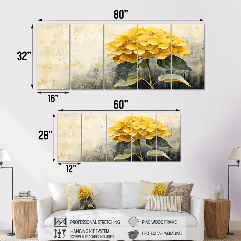 Jaune hydrangée jaune III - Art mural hortensia - Art mural traditionnel, H 28 po x l 60 po, 5