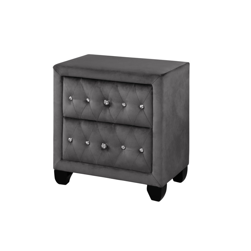Chic 2 Nightstand With Gray Velvet Upholstery, Crystal Accents For Bedroom Elegance Modern Finish, Upholstery
