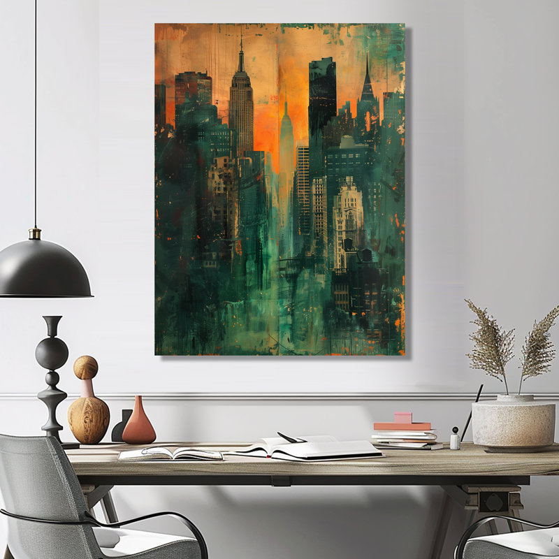 Rétro coucher de soleil sur Manhattan City I - gratte-ciel, art mural, Toile tendue, H 16 po x l 32 po x P 1 po