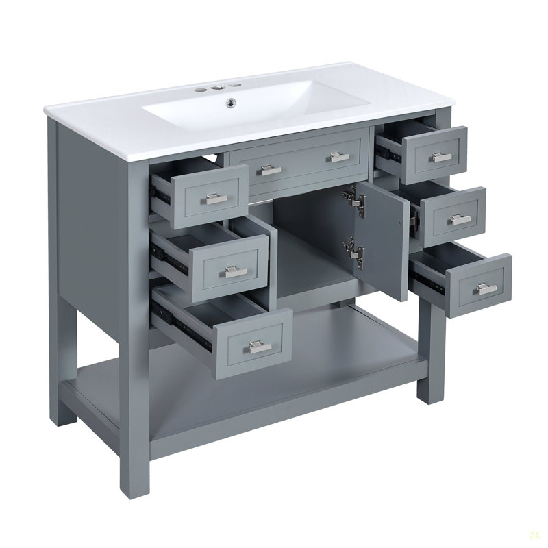 Meuble-lavabo 36 po avec lavabo supérieur, armoire de rangement moderne avec 2 portes à fermeture douce et 6 tiroirs, meuble-lavabo simple